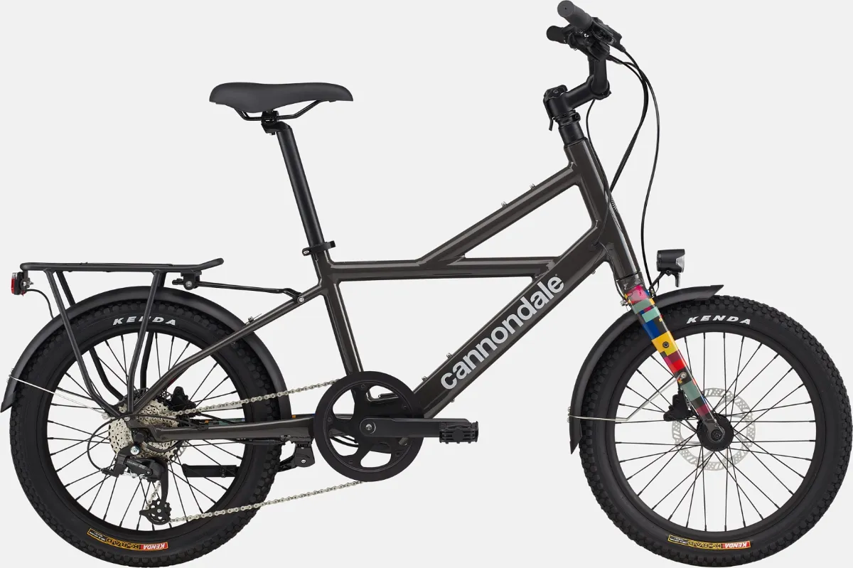 Black Cannondale Compact Neo with multi-coloured front fork, rear rack and integrated lights
