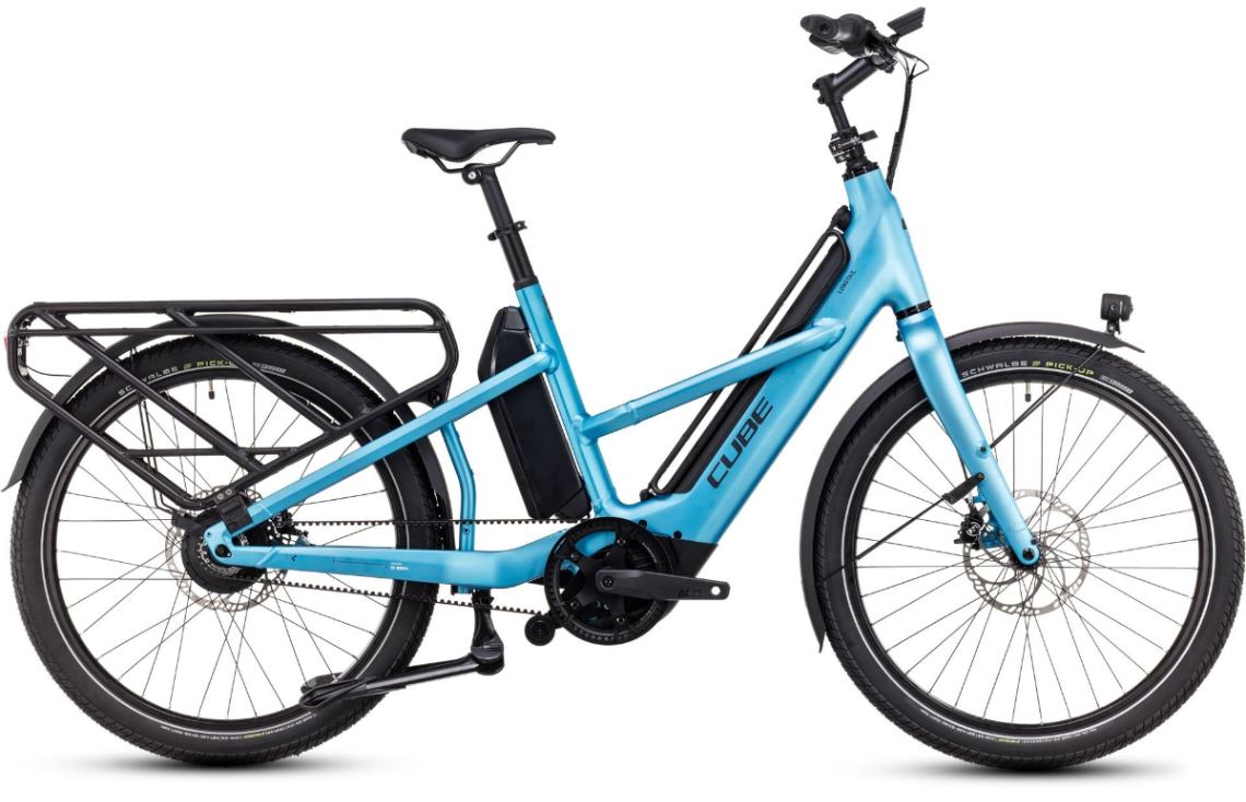 Mid blue Cube Longtail Hybrid 1350 with large sturdy rear rack and mudguards