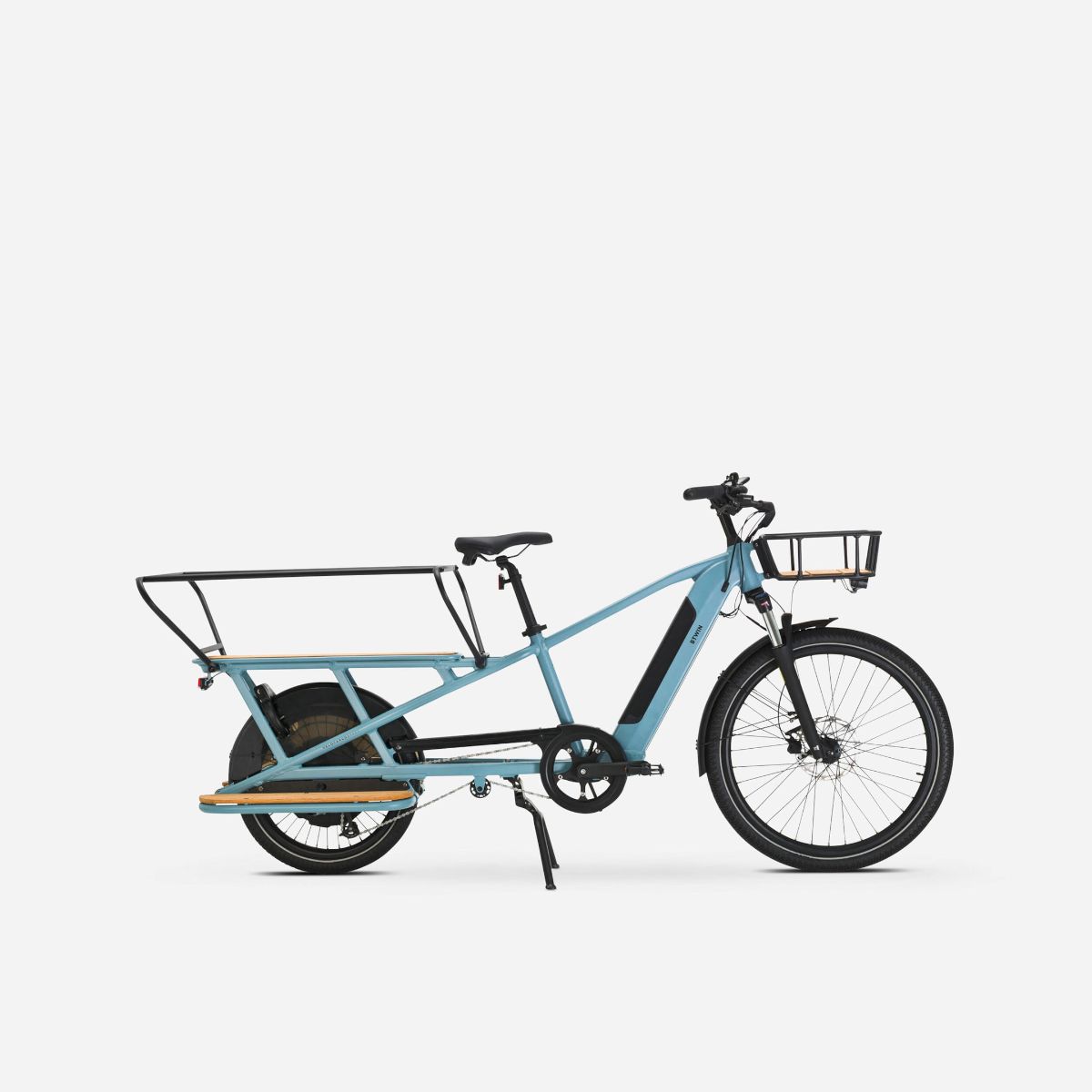 Mid blue Decathlon Elops Electric Cargo Bike R500 with enormous rear rack and butcher-style front rack