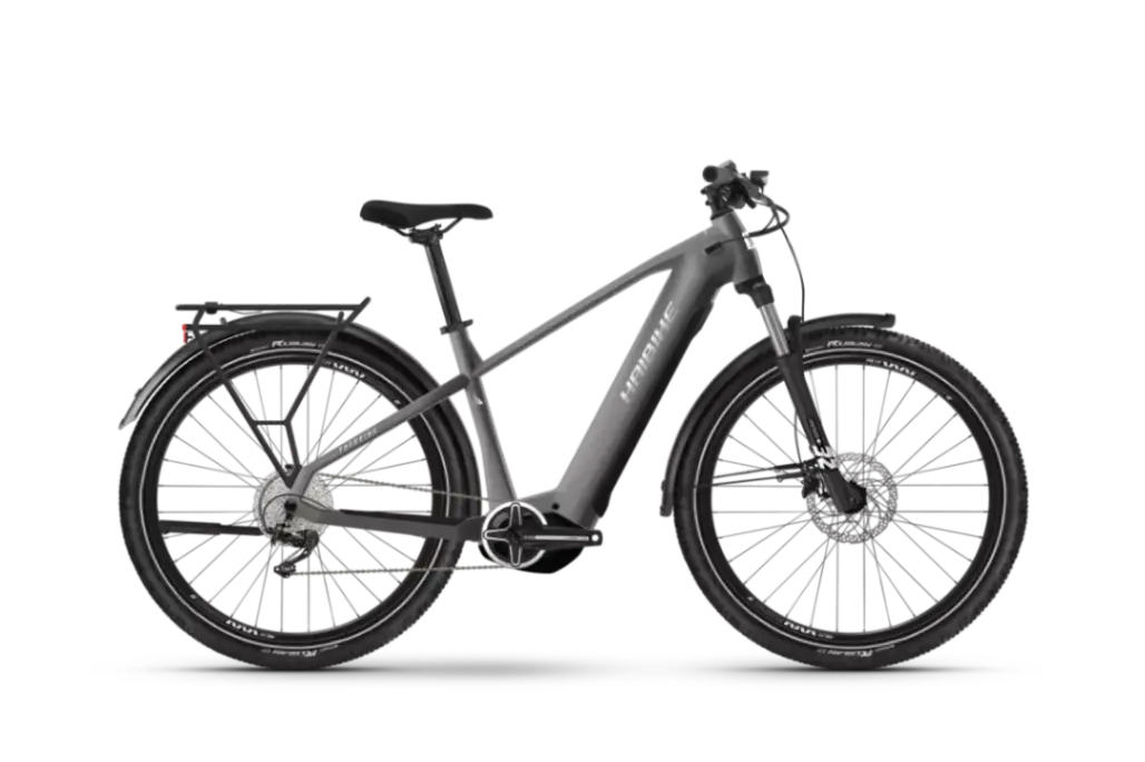 Mid grey Haibike Trekking 4 e-bike with rear rack and mudguards