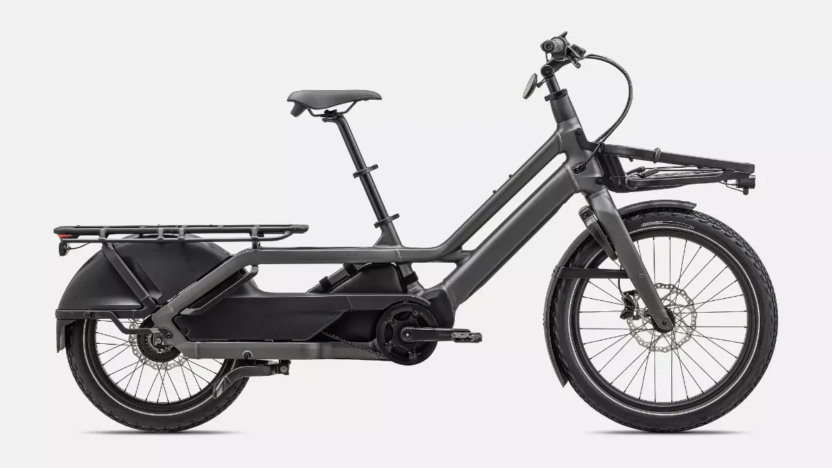 Black extra long Specialized Turbo Porto e-cargo bike with rear rack and butcher-style front rack