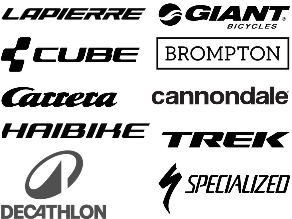 Logos of a variety of mainstream e-bike manufacturers