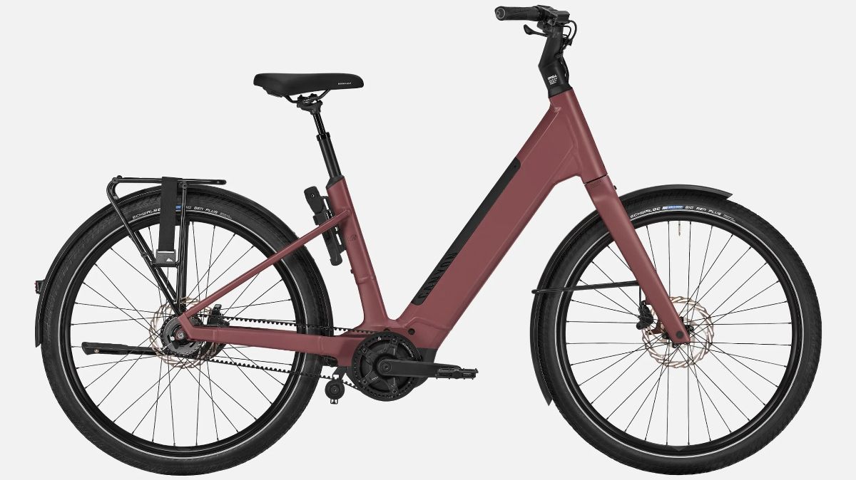 Dark red step-thru urban electric bike with rear rack
