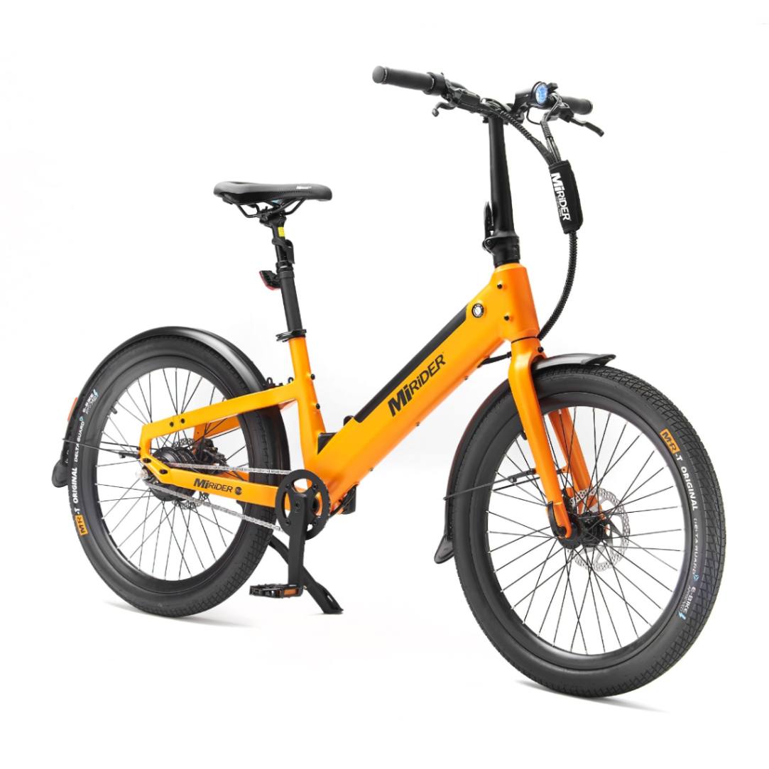 Orange small BMX size step thru city e-bike with 24 inch wheels