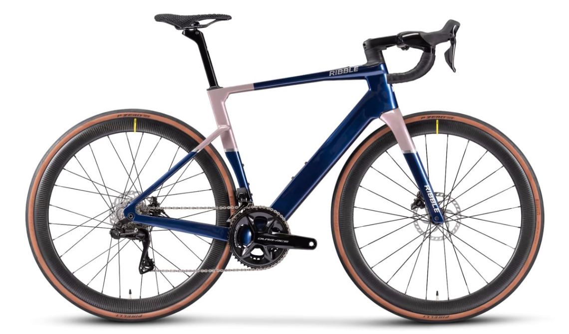 Blue and pink Ribble electric road bike with drop handlebars and wide rims