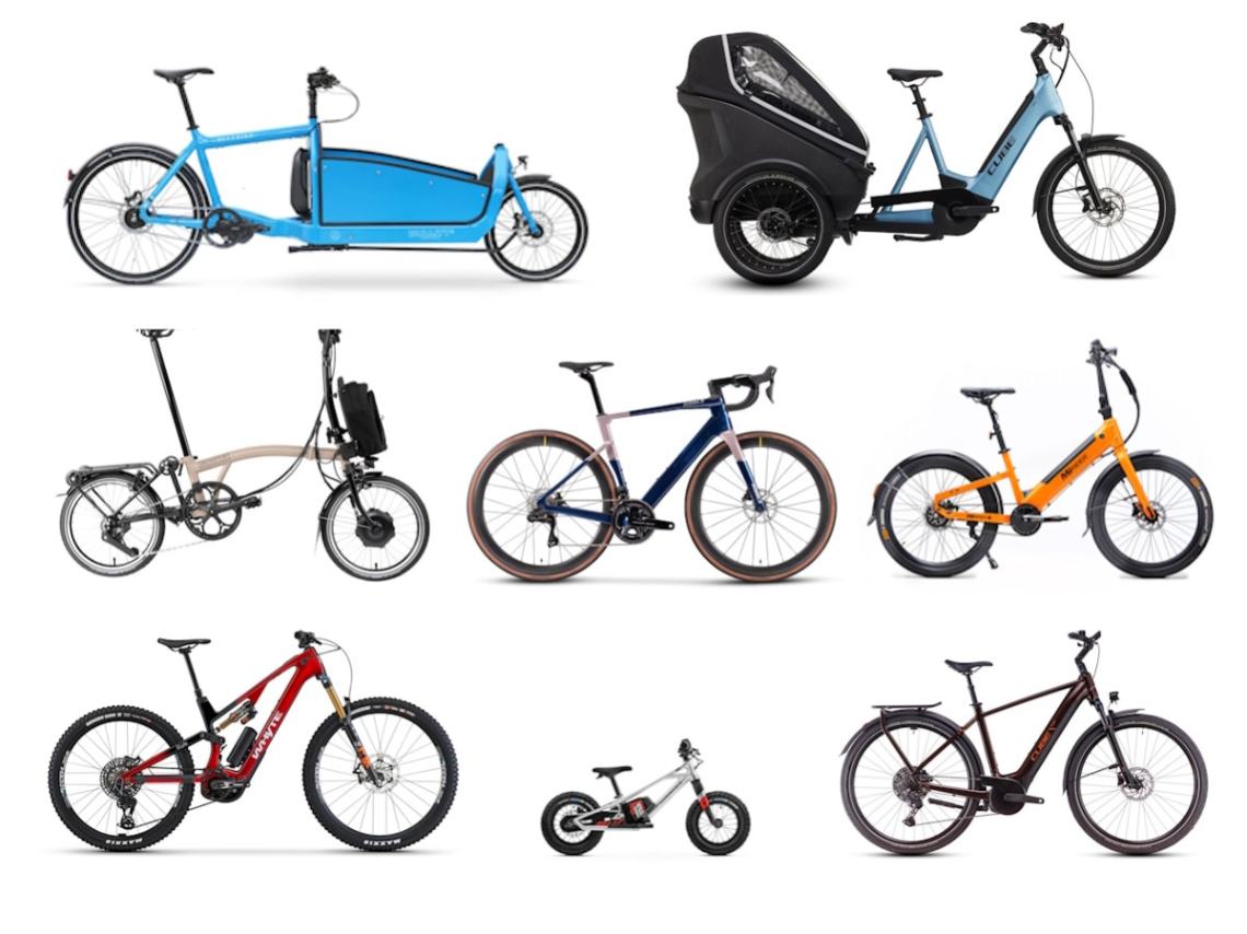 Eight e-bikes illustrating the main different types of e-bike