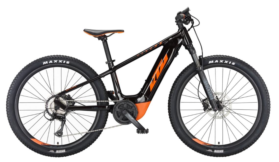 Studio photograph of a black kid's e-bike with bright orange decals