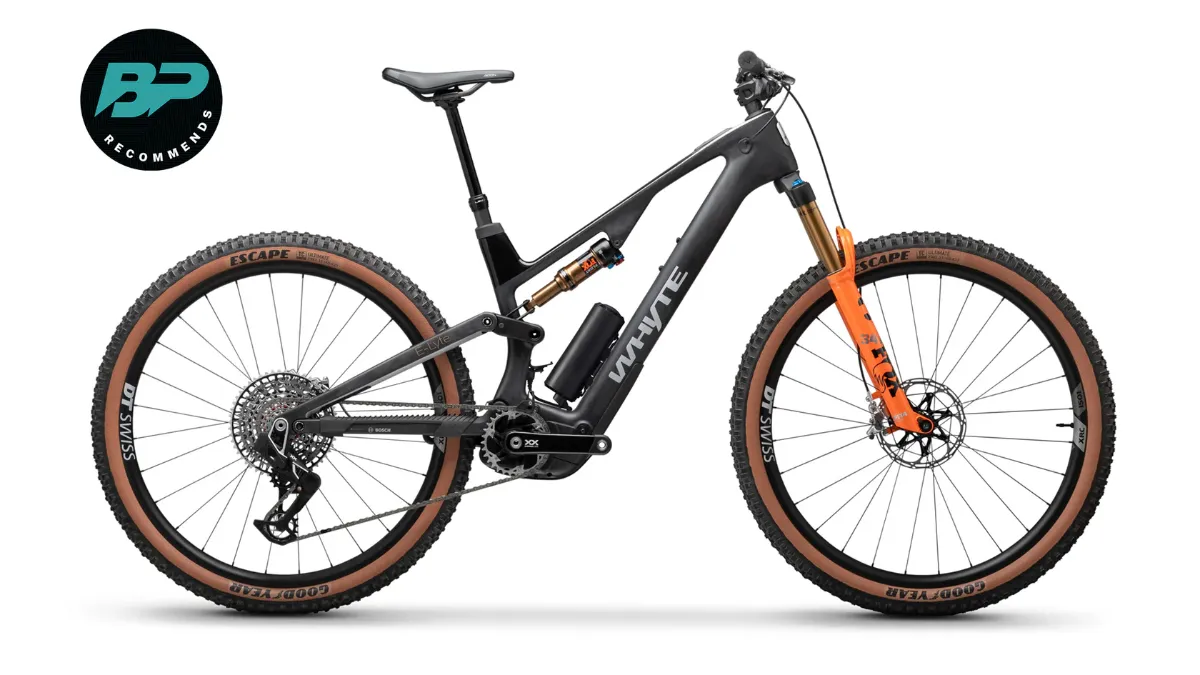 Black full-suspension e-mountain bike with orange fork and external bottle style battery