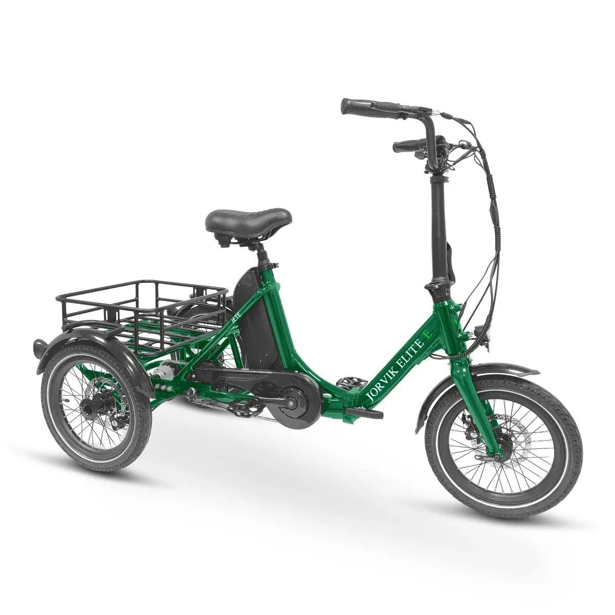 Green folding travel e-tricycle with twin rear wheels and load carrying area