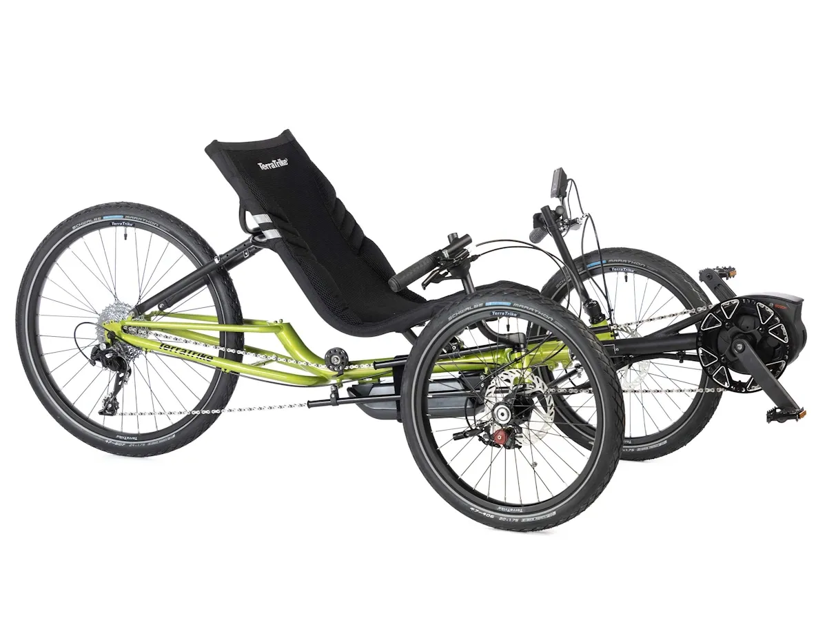 Lime green laid back recumbent electric trike with twin front wheels