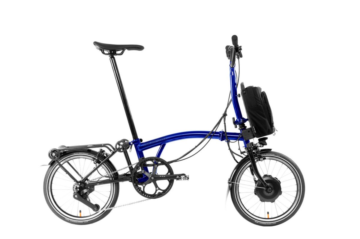 Blue Brompton Electric P Line Explore folding electric bike with small front battery bag