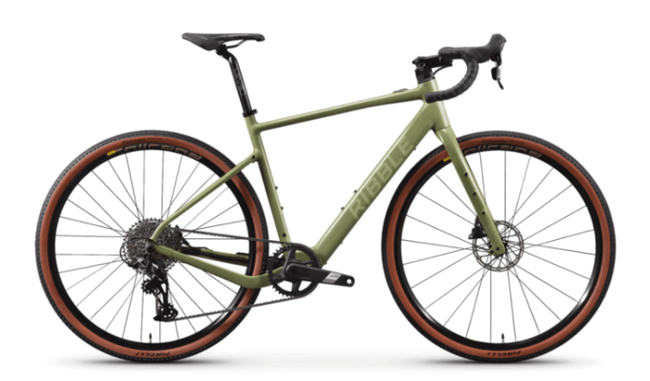 Studio photograph of a moss green electric gravel bike with an integrated battery and a white background